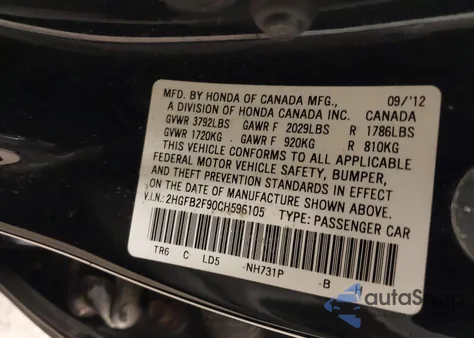 2012 Honda Civic Ex-L from USA, damaged, VIN 2HGFB2F90CH596105